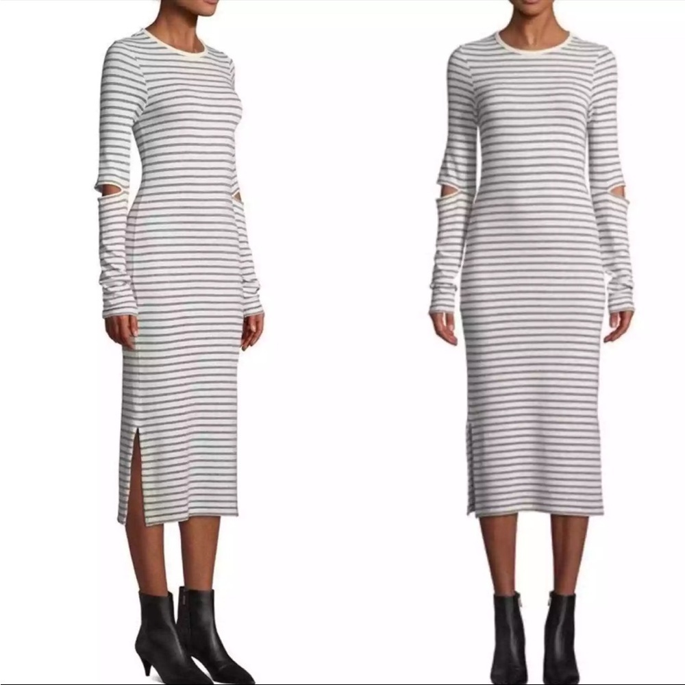 Current Elliott White & Metallic Black Striped Ribbed Cotton Stretch Midi Dress